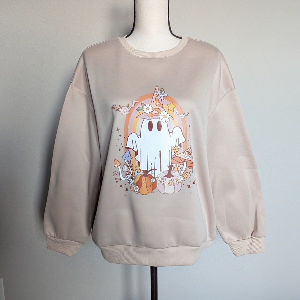 Tan Halloween hippie ghost fleece lined crewneck sweater size XL